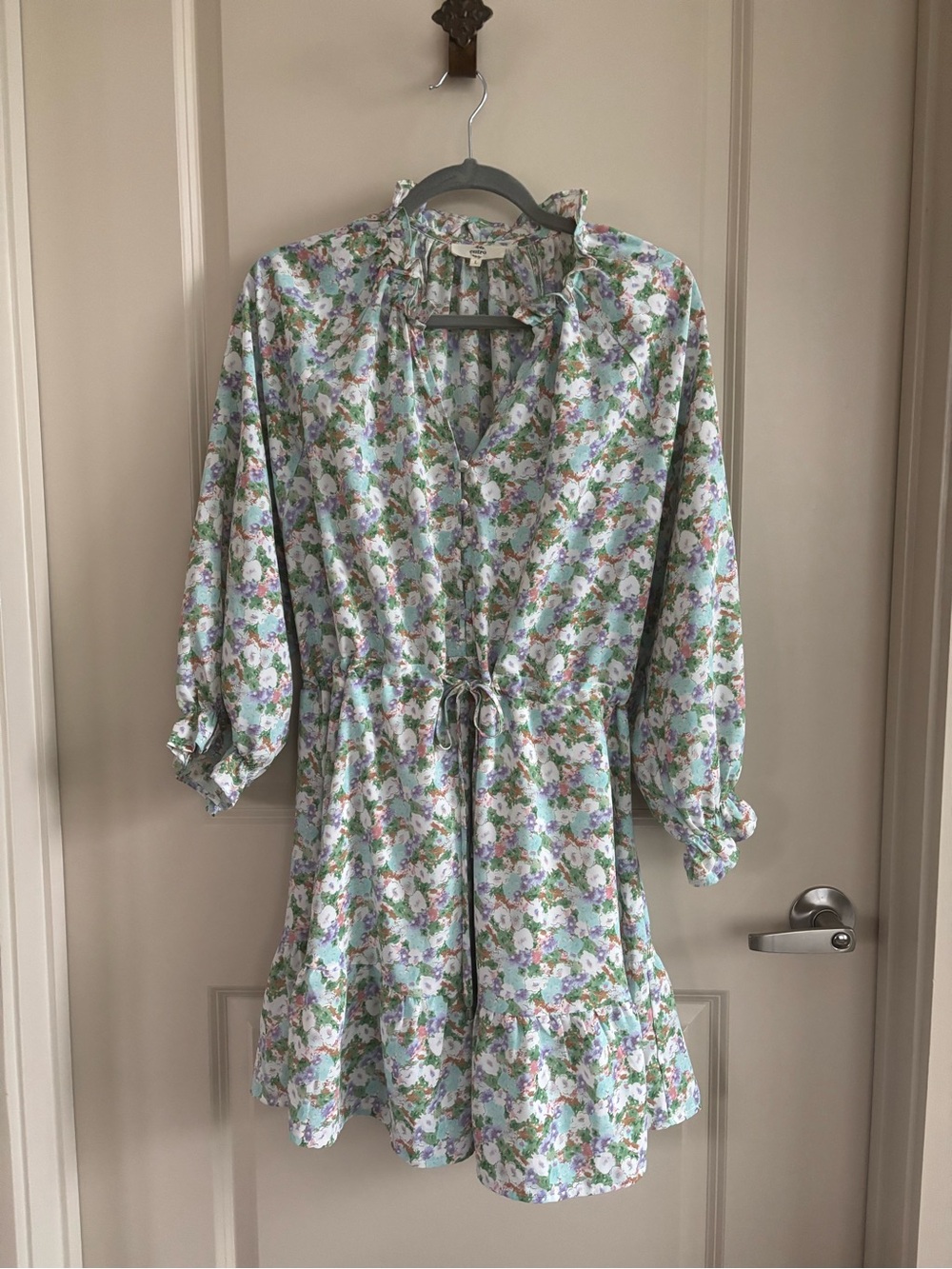 entro Pastel Floral Ruffle Tie-Waist Mini Dress in Green, Lavender, Pink
